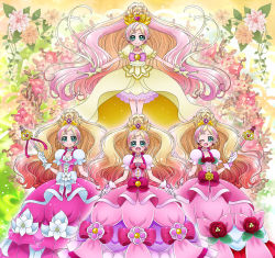 Rule 34 | 4girls, :d, blonde hair, bow, brooch, cokata, cure flora, cure flora (grand princess), cure flora (mode elegant), cure flora (mode elegant lily), cure flora (mode elegant rose), dress, floral background, flower, flower necklace, gloves, go! princess precure, gradient hair, green eyes, hair ornament, heart wand, jewelry, lily (flower), looking at viewer, magical girl, multicolored hair, multiple girls, multiple persona, necklace, open mouth, pink bow, pink dress, pink hair, precure, puffy sleeves, red flower, red rose, rose, shiny clothes, smile, standing, streaked hair, two-tone hair, waist bow, waist brooch, white bow, white gloves, yellow dress, yellow flower, yellow gloves, yellow rose