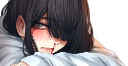 Rule 34 | 1girl, black hair, blood, blush, grey eyes, hair over one eye, highres, hoshi san 3, long hair, long sleeves, looking at viewer, mole, mole on ear, nosebleed, one eye covered, original, shirt, simple background, solo, upper body, white background, white shirt