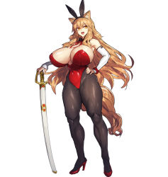 Rule 34 | 1girl, alternate breast size, animal ears, bare shoulders, breasts, cleavage, commentary request, detached collar, detached sleeves, fake animal ears, fate/extra, fate/extra ccc, fate/extra ccc fox tail, fate/grand order, fate (series), full body, hair between eyes, hairband, huge breasts, leotard, long hair, melon22, narrow waist, open mouth, orange eyes, pantyhose, playboy bunny, rabbit ears, simple background, solo, standing, strapless, strapless leotard, suzuka gozen (fate), sword, tail, teeth, thick thighs, thighs, tongue, weapon, white background
