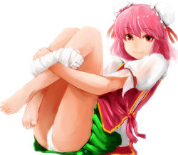 Rule 34 | 1girl, bandages, barefoot, bun cover, chinese clothes, double bun, feet, female focus, full body, hair bun, hugging own legs, ibaraki kasen, panties, pantyshot, pink eyes, pink hair, puffy sleeves, short hair, short sleeves, simple background, skirt, smile, solo, tabard, toes, touhou, tsuan, underwear, upskirt, white background, white panties