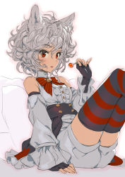 Rule 34 | 1girl, alternate costume, animal ears, bare shoulders, black gloves, black thighhighs, brooch, candy, curly hair, detached sleeves, fingerless gloves, food, gloves, highres, inubashiri momiji, jewelry, lollipop, matsuda (matsukichi), messy hair, red eyes, short hair, simple background, sitting, sketch, solo, striped clothes, striped thighhighs, thighhighs, tongue, tongue out, touhou, white background, white hair, wolf ears