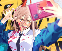 Rule 34 | 1girl, black necktie, blonde hair, blood, blood on clothes, blood on face, blue jacket, chainsaw, chainsaw man, claw pose, collared shirt, cross-shaped pupils, graffiti, hair between eyes, holding, holding phone, horns, jacket, long hair, looking at object, moroi, necktie, open mouth, phone, pink nails, pochita (chainsaw man), power (chainsaw man), red horns, selfie, sharp teeth, shirt, smile, solo, sticker, symbol-shaped pupils, taking picture, teeth, white shirt, yellow eyes