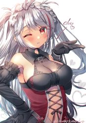 Rule 34 | 1girl, azur lane, black dress, black gloves, blowing kiss, breasts, cleavage, clothing cutout, detached sleeves, dress, frilled hairband, frilled sleeves, frills, gloves, grey hair, hairband, heart, large breasts, long hair, maid headdress, mole, mole on breast, multicolored hair, navel cutout, official alternate costume, orange eyes, prinz eugen (azur lane), prinz eugen (kindred evening spirits) (azur lane), red hair, see-through, see-through dress, shindoi akio, simple background, solo, spoken heart, streaked hair, two-tone hair, very long hair, white background