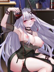 Rule 34 | 1girl, arknights, arm garter, arm up, armpits, bangle, black choker, black dress, blush, bracelet, breasts, breasts out, chinese commentary, choker, cross, cross necklace, cup, dakimakura (medium), demon horns, dress, earrings, feet out of frame, grey hair, hair ornament, holding, holding cup, horns, infection monitor (arknights), jewelry, large breasts, long hair, looking at viewer, misheng liu yin, mudrock (arknights), mudrock (obsidian) (arknights), necklace, nipples, official alternate costume, parted lips, pink eyes, pointy ears, pouring, pouring onto self, see-through, single earring, sitting, smile, solo, spilling, strapless, strapless dress, tassel, tassel earrings, thick thighs, thighs, very long hair