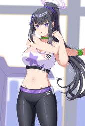 Rule 34 | 1girl, bare shoulders, black hair, blue archive, breasts, breath, choker, cleavage, collarbone, cowboy shot, crop top, hair ornament, hair scrunchie, halo, heavy breathing, highres, large breasts, long hair, looking at viewer, midriff, navel, pants, parted lips, ponytail, purple eyes, reia 76, scrunchie, sidelocks, solo, sports bra, standing, stretching, sumire (blue archive), sweat, very long hair