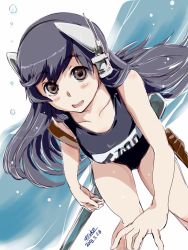 Rule 34 | 1girl, 2018, 4suke, :d, artist name, bare arms, bare shoulders, black hair, black one-piece swimsuit, blush, breasts, collarbone, dated, eyebrows, headgear, i-400 (kancolle), japanese flag, kantai collection, legs apart, long hair, looking at viewer, medium breasts, name tag, one-piece swimsuit, open mouth, school uniform, smile, solo, straight hair, swimsuit, teeth, water