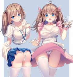 Rule 34 | 1girl, ass, blue eyes, breasts, brown hair, cameltoe, cleft of venus, cup, drinking glass, hair between eyes, hair ribbon, lalazyt, large breasts, open mouth, original, panties, pantyhose, plate, ribbon, shirt, twintails, underwear, white pantyhose, white shirt
