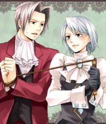 Rule 34 | 1boy, 1girl, ace attorney, ascot, bdsm, black gloves, blush, bondage, bound, bound wrists, brooch, capcom, earrings, formal, franziska von karma, frown, gloves, hair intakes, holding, jacket, jewelry, long sleeves, miles edgeworth, mole, mole under eye, open clothes, open jacket, open mouth, puffy sleeves, pulling, ran (rantksn), short hair, silver hair, sweat, sweatdrop, vest, whip