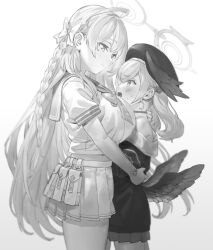 Rule 34 | 2girls, age difference, ahoge, blue archive, blush, bow, braid, breasts, closed mouth, eye contact, feathered wings, greyscale, hair between eyes, hair bow, halo, hanako (blue archive), hat, head wings, height difference, highres, hug, huge breasts, koharu (blue archive), long hair, looking at another, mini wings, monochrome, multiple girls, onee-loli, open mouth, pleated skirt, sailor collar, school uniform, serafuku, short sleeves, simple background, single braid, skirt, sweat, tori udon, very long hair, wings, yuri