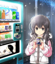 Rule 34 | 1girl, black eyes, black hair, brown eyes, can, coat, fence, long sleeves, looking at viewer, original, outdoors, pole, short hair, snow, snowing, solo, toshiya, upper body, vending machine, winter clothes, winter coat