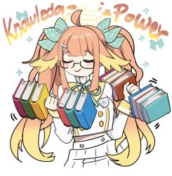 Rule 34 | 1girl, blonde hair, blue archive, blush, book, bow, closed eyes, english text, exercise, feather hair, gradient hair, hair bow, hair ornament, hairclip, halo, highres, holding, long hair, long sleeves, multicolored hair, nemo (leafnight), orange hair, sailor collar, shimiko (blue archive), sidelocks, simple background, skirt, smile, solo, sparkle, twintails, very long hair, weightlifting, white background, white skirt