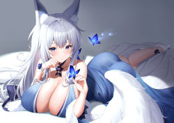 Rule 34 | 1girl, absurdres, ahoge, animal ear fluff, animal ears, ass, azur lane, bare shoulders, bed sheet, blue butterfly, blue dress, blue eyes, blush, breast rest, breasts, bug, butterfly, cleavage, detached collar, dress, fox ears, fox girl, fox tail, full body, futon fly away, high heels, highres, insect, kitsune, kyuubi, large breasts, long hair, looking at viewer, lying, multiple tails, official alternate costume, on stomach, parted lips, shinano (azur lane), shinano (dreams of the hazy moon) (azur lane), solo, tail, very long hair, white footwear, white hair