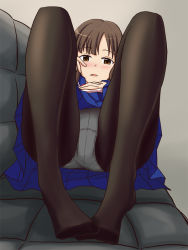 Rule 34 | 1girl, blue skirt, blush, brown eyes, brown hair, commentary request, commission, couch, crotch seam, half-closed eyes, idolmaster, idolmaster cinderella girls, lielos, light smile, looking at viewer, lying, miniskirt, mizumoto yukari, on back, on couch, open mouth, panties, panties under pantyhose, pantyhose, pixiv commission, pleated skirt, skirt, solo, underwear