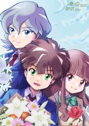 Rule 34 | 1girl, 2boys, amanokawa hiro, blue eyes, brown hair, digimon, digimon ghost game, higashimitarai kiyoshiro, highres, long hair, looking at viewer, multiple boys, pink eyes, school uniform, shirt, short hair, tsukiyono ruli, white hair