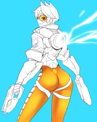 Rule 34 | 1girl, ass, ban! (bansankan), blue background, bodysuit, dual wielding, goggles, gun, highres, holding, holding gun, holding weapon, long hair, overwatch, overwatch 1, short hair, simple background, smile, solo, tracer (overwatch), weapon, yellow eyes