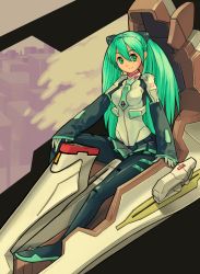 Rule 34 | 1girl, absurdres, breasts, cockpit, detached sleeves, female focus, green eyes, green hair, hatsune miku, highres, long hair, madbros, matching hair/eyes, necktie, neon genesis evangelion, plugsuit, sitting, skirt, smile, solo, twintails, very long hair, vocaloid