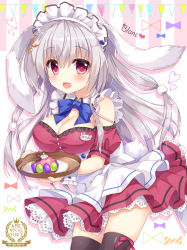 Rule 34 | 1girl, :d, ameto yuki, animal ears, apron, bare shoulders, black thighhighs, blush, breasts, circle name, cleavage, crescent, crescent hair ornament, detached collar, dress, frilled apron, frills, hair between eyes, hair ornament, heart, holding, holding tray, large breasts, long hair, looking at viewer, maid, maid headdress, open mouth, original, pennant, purple dress, purple eyes, rabbit ears, sidelocks, silver hair, smile, solo, striped, striped background, tareme, thighhighs, tray, vertical stripes, waist apron