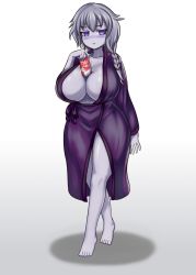 Rule 34 | 1girl, barefoot, between breasts, blush, braid, breasts, can, cleavage, collarbone, colored skin, commentary, commission, crossed legs, frown, full body, gradient background, grey background, grey hair, grey skin, hair over shoulder, highres, huge breasts, lich (monster girl encyclopedia), long hair, long sleeves, monster girl encyclopedia, nav (itsnav), purple eyes, purple robe, robe, side braid, simple background, single braid, solo, undead, wide hips