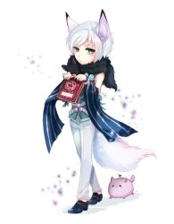 Rule 34 | 1boy, alternate color, animal, animal around neck, animal ears, black footwear, book, closed mouth, commentary request, detached sleeves, expressionless, fox, fox boy, fox ears, fox tail, full body, green eyes, green shirt, grimoire, hexagram, holding, holding book, lanmei jiang, looking at viewer, male focus, medium bangs, pants, professor (ragnarok online), ragnarok online, shirt, shoes, short hair, simple background, sleeveless, sleeveless shirt, solo, striped sleeves, tail, textless version, undersized animal, walking, white background, white hair, white pants, white sleeves, wolf