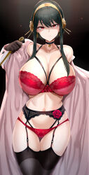 Rule 34 | 1girl, absurdres, alternate breast size, black choker, black garter belt, black gloves, black hair, black thighhighs, bra, breasts, choker, closed mouth, coat, collarbone, commentary request, dagger, earrings, flower, garter belt, glaring, gloves, gold hairband, hairband, highres, holding, holding dagger, holding knife, holding weapon, huge breasts, jewelry, knife, lingerie, long coat, long hair, looking at viewer, maruyaa (malya1006), navel, open clothes, open coat, panties, red bra, red eyes, red flower, red panties, red rose, rose, shaded face, solo, spy x family, stiletto (weapon), thigh gap, thighhighs, underwear, weapon, white coat, yor briar