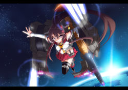 Rule 34 | 1girl, black thighhighs, brown hair, cannon, cherry blossoms, detached sleeves, earth (planet), firing, flower, hair flower, hair ornament, headgear, kanameya, kantai collection, long hair, oil-paper umbrella, parody, planet, pleated skirt, ponytail, purple eyes, skirt, smile, solo, space, thighhighs, turret, uchuu senkan yamato, uchuu senkan yamato 2199, umbrella, very long hair, wave motion gun, yamato (kancolle), yamato (uchuu senkan yamato)