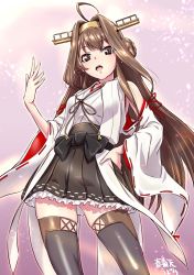Rule 34 | 1girl, ahoge, artist name, bad id, bad twitter id, black skirt, boots, brown eyes, brown hair, cowboy shot, detached sleeves, double bun, from below, gradient background, hair bun, hairband, hand on own hip, headgear, kantai collection, kongou (kancolle), long hair, looking at viewer, nontraditional miko, open mouth, pink background, pleated skirt, ribbon-trimmed sleeves, ribbon trim, shungikuten, skirt, solo, thigh boots, thighhighs, very long hair