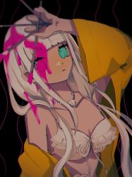 Rule 34 | 1girl, bare shoulders, bikini, black background, blood, blood on face, blunt bangs, breasts, collarbone, commentary request, danganronpa (series), danganronpa v3: killing harmony, dark-skinned female, dark skin, frilled bikini, frills, front-tie bikini top, front-tie top, hand up, holding, jacket, jewelry, long hair, long sleeves, looking at viewer, low twintails, necklace, off shoulder, paintbrush, parted lips, pink blood, seunohala, shell, shell necklace, simple background, solo, swimsuit, twintails, upper body, wavy background, white bikini, wide sleeves, yellow jacket, yonaga angie