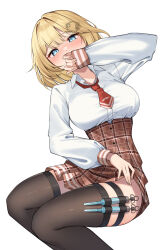 Rule 34 | 1girl, absurdres, black thighhighs, blonde hair, blue eyes, blush, bob cut, breasts, brown skirt, collared shirt, covering own mouth, gear hair ornament, hair ornament, high-waist skirt, highres, hololive, hololive english, long sleeves, looking at viewer, loose necktie, lying, medium breasts, medium hair, miniskirt, necktie, plaid, plaid skirt, pleated skirt, red necktie, shirt, short necktie, simple background, skirt, solo, syringe, syringe holster, thigh strap, thighhighs, thighs, virtual youtuber, watson amelia, white background, white shirt, zettai ryouiki, ziro (zirorong)
