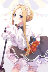 Rule 34 | 1girl, abigail williams (fate), abigail williams (festival outfit) (fate), black dress, blonde hair, bloomers, blue eyes, blush, braid, butterfly hair ornament, closed mouth, collared dress, commentary request, dress, fate/grand order, fate (series), forehead, gradient background, grey background, hair bun, hair ornament, hands up, heart, highres, keyhole, long hair, long sleeves, looking at viewer, official alternate costume, parted bangs, pennant, puracotte, shirt, sidelocks, single hair bun, sleeves past fingers, sleeves past wrists, smile, solo, string of flags, stuffed animal, stuffed toy, teddy bear, underwear, very long hair, white background, white bloomers, white shirt