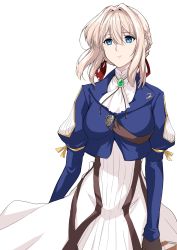 Rule 34 | 1girl, blonde hair, blue eyes, expressionless, floating clothes, floating hair, hair between eyes, halcon, highres, looking up, simple background, solo, standing, violet evergarden, violet evergarden (series), white background