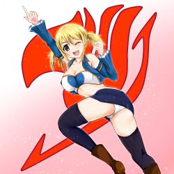 Rule 34 | 1girl, blonde hair, boots, breasts, brown eyes, cleavage, detached sleeves, fairy tail, highres, large breasts, lucy heartfilia, one eye closed, panties, skirt, smile, strapless, tattoo, thighhighs, tranquilizer (bestcenter), tube top, twintails, underwear, vest, white panties, wink