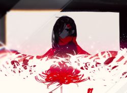 Rule 34 | 1girl, black eyes, black hair, black shirt, closed mouth, empty eyes, field, flower, flower field, hair ornament, hairclip, kagerou project, limited palette, long hair, looking at viewer, red flower, red scarf, scarf, shiomane, shirt, smile, solo, spider lily, tateyama ayano, upper body, white flower