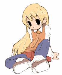 Rule 34 | 00s, 1girl, arm support, black eyes, blonde hair, casual, denim, expressionless, full body, jeans, loli fashion, long hair, long sleeves, looking at viewer, necktie, pani poni dash!, pants, plaid, plaid necktie, plaid neckwear, pleated skirt, rebecca miyamoto, saxyun, shirt, shoes, simple background, sitting, skirt, solo, very long hair, vest, white background