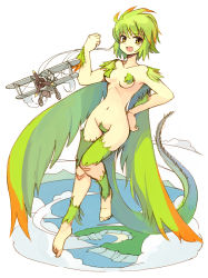 Rule 34 | aircraft, airplane, biplane, bird wings, censored, clenched hand, convenient censoring, fang, flying, giant, giantess, green hair, hands on own hips, happy, harpy, monster girl, nude, ocean, seo tatsuya, short hair, sky, smile, tail, wings, yellow eyes