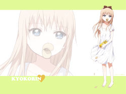 Rule 34 | 1girl, barefoot, blue eyes, bow, chips (food), dress, food, hair bow, light brown hair, long hair, mouth hold, namori, official art, official wallpaper, potato chips, pringle duck, pringles, product placement, short sleeves, solo, standing, sundress, toshinou kyouko, wallpaper, white dress, yuru yuri, zoom layer