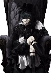 1boy black_flower black_gloves black_rose black_socks bow ciel_phantomhive closed_mouth crossed_legs eyepatch flower gloves hat highres kuroshitsuji lips male_focus on_chair ouji_fashion pale_skin rose shorts sitting socks solo sso_s top_hat white_background