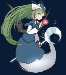 Rule 34 | 1girl, absurdres, bat wings, blue background, bow, crescent moon, ghost tail, green eyes, green hair, hat, highres, long sleeves, mima (touhou), moon, ribbon, siyan (dropyan), skirt, solo, sparkle, sun, touhou, touhou (pc-98), wings, wizard hat, yellow bow