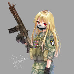 Rule 34 | 1girl, arm at side, artist name, black gloves, blonde hair, camouflage, gloves, grey background, gun, holding, holding gun, holding weapon, long hair, looking at viewer, mask, original, pants, pouch, red eyes, ryuka, signature, simple background, solo, standing, weapon