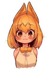 Rule 34 | 1girl, :3, absurdres, animal ears, blonde hair, blouse, blush, bow, bowtie, breasts, brown eyes, cropped torso, extra ears, eyes visible through hair, highres, kemono friends, looking at viewer, medium hair, more e 4km, portrait, serval (kemono friends), shirt, simple background, sleeveless, sleeveless shirt, smile, solo, traditional bowtie, white background, white shirt, yellow bow, yellow bowtie