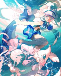Rule 34 | 1girl, :d, air bubble, bikini, bikini skirt, blue bikini, breasts, bright pupils, bubble, chromatic aberration, colored eyelashes, creatures (company), eyes visible through hair, game freak, gem, gen 7 pokemon, hat, hatsune miku, highres, long hair, looking at viewer, nintendo, open mouth, pearl (gemstone), pokemon, pokemon (creature), primarina, project voltage, sea lion, small breasts, smile, solo, starfish, swimsuit, tan, tanline, tropicalnight29, twintails, underwater, very long hair, visor cap, vocaloid, water miku (project voltage), white hair, white hat, white pupils, zipper pull tab