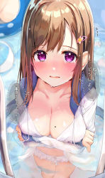 Rule 34 | 1girl, absurdres, arms under breasts, bad id, bad pixiv id, ball, beachball, bikini, blush, breast hold, breasts, brown hair, cleavage, collarbone, commentary request, cowboy shot, crossed arms, day, drawstring, eyelashes, flower, flying sweatdrops, hair between eyes, hair flower, hair ornament, hairclip, highres, hood, hood down, hooded jacket, hoodie, jacket, large breasts, long hair, long sleeves, looking at viewer, midriff, mole, mole on breast, navel, open mouth, original, outdoors, partially submerged, pool, pool ladder, purple eyes, rouka (akatyann), sidelocks, solo, standing, stomach, swimsuit, translation request, wet, white bikini, white hoodie