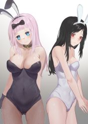 Rule 34 | 2girls, alternate costume, alternate hairstyle, animal ears, arm behind back, arms behind back, asymmetrical breasts, bare arms, bare shoulders, black bow, black gloves, black hair, black leotard, blue eyes, blunt bangs, blush, bow, breasts, brown collar, brown legwear, cleavage, closed mouth, collar, collarbone, commentary request, covered navel, cowboy shot, dd (821975054), fake animal ears, from side, fujiwara chika, gloves, gluteal fold, gradient background, grey background, hair bow, kaguya-sama wa kokurasetai ~tensai-tachi no renai zunousen~, large breasts, leotard, long hair, looking at viewer, medium breasts, multiple girls, own hands together, pantyhose, pink hair, playboy bunny, rabbit ears, red eyes, shinomiya kaguya, skindentation, strapless, strapless leotard, striped, v arms, white leotard
