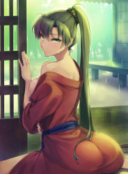 Rule 34 | 1girl, alternate costume, ass, back, bare shoulders, barefoot, blurry, blush, breast press, breasts, depth of field, female focus, fire emblem, fire emblem: the blazing blade, forest, from behind, green eyes, green hair, hairband, hand on own stomach, hand up, indoors, japanese clothes, kimono, long hair, looking at viewer, looking back, lyn (fire emblem), matching hair/eyes, medium breasts, nature, neck, nintendo, off shoulder, one breast out, open clothes, open door, open kimono, ponytail, rain, sajittari, sash, shiny skin, shy, sideboob, sitting, sliding doors, solo, sweat, tatami, wariza, water, wet, wooden floor