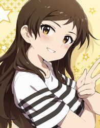 Rule 34 | 1girl, :d, ayano yuu (sonma 1426), black shirt, blush, breasts, brown eyes, brown hair, collarbone, crossed arms, from side, grin, head tilt, highres, idolmaster, idolmaster million live!, kitazawa shiho, long hair, looking at viewer, medium breasts, open mouth, parted bangs, shadow, shirt, short sleeves, sidelocks, simple background, smile, solo, star (symbol), striped clothes, striped shirt, upper body, v, white shirt, yellow background