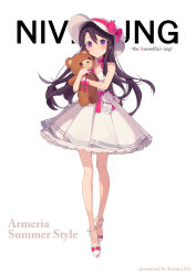 Rule 34 | 1girl, artist name, black hair, blush, bow, closed mouth, commentary request, dress, english text, flower, full body, hair between eyes, hat, hat bow, highres, hu kotora, hugging object, long hair, looking at viewer, original, pleated dress, purple eyes, red bow, rose, shoes, simple background, solo, standing, stuffed animal, stuffed toy, sun hat, teddy bear, text background, very long hair, white background, white dress, white flower, white footwear, white hat, white rose