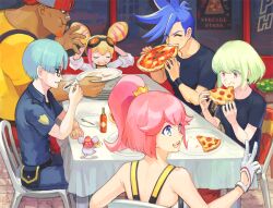 Rule 34 | 2girls, 4boys, aina ardebit, backwards hat, black shirt, black wristband, blonde hair, blue eyes, blue hair, chair, closed eyes, dark-skinned male, dark skin, drinking, eating, empty plate, fon-due (fonfon), food, food on face, fork, galo thymos, glasses, gloves, goggles, goggles on head, green hair, hat, holding, holding food, holding pizza, lio fotia, lucia fex, multiple boys, multiple girls, pink hair, pizza, pizza slice, plant, police, police uniform, ponytail, poster (object), potted plant, promare, purple eyes, remi puguna, shirt, sitting, steam, t-shirt, tabasco, tablecloth, uniform, varys truss, vinny (promare), white gloves