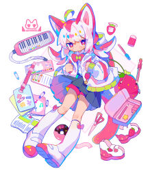 Rule 34 | 1girl, ahoge, animal ears, backpack, bag, black skirt, blush, blush stickers, book, bow, bowtie, bright pupils, cat ears, cat tail, closed mouth, commentary request, crayon, dark-skinned female, dark skin, dot mouth, dot nose, doughnut, eraser, flipped hair, flute, food, fruit, green hair, highres, hood, hooded jacket, instrument, jacket, keytar, kneehighs, looking at viewer, multicolored hair, original, pen, pencil, pencil case, piano, pink ribbon, randoseru, red bag, red bow, red bowtie, red eyes, red hair, red shorts, ribbon, scissors, shirt, short hair, shorts, shorts under skirt, signature, simple background, skirt, socks, solo, strawberry, streaked hair, tail, uenomigi, white background, white footwear, white hair, white jacket, white pupils, white shirt, white socks