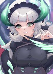 1girl black_dress black_nails black_wings blurry blurry_background breasts chamber_dragonmaid dragon_girl dragon_horns dragon_wings dress duel_monster green_horns grey_eyes grey_hair highres horns indoors large_breasts long_hair low_wings maid maid_headdress parted_lips solo teeth upper_body wings yata_masahara yu-gi-oh!