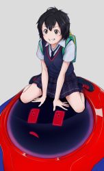 Rule 34 | 1girl, backpack, bag, black hair, breasts, brown eyes, highres, jkataishi, looking at viewer, marvel, necktie, open mouth, peni parker, pleated skirt, school uniform, short hair, skirt, smile, socks, sp//dr, spider-man: into the spider-verse, spider-man (series), spider-verse, sweater vest
