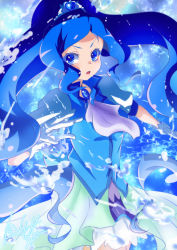 Rule 34 | 1girl, absurdres, blue choker, blue dress, blue eyes, blue hair, blue skirt, blue theme, blue vest, brooch, choker, commentary request, cure fontaine, dress, eyelashes, gloves, hair ornament, hairband, healin&#039; good precure, highres, hishimori09, jewelry, long hair, looking at viewer, magical girl, ponytail, precure, puffy short sleeves, puffy sleeves, sawaizumi chiyu, serious, short sleeves, signature, skirt, solo, split ponytail, standing, vest, white gloves